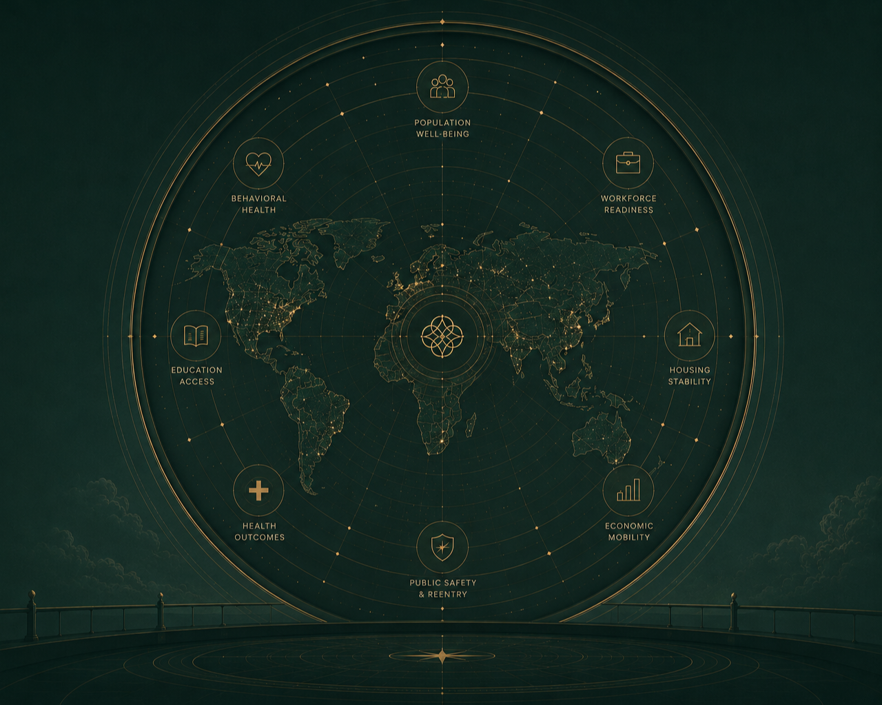 Futuristic global insights dashboard showing Genesis platform analytics and data visualization